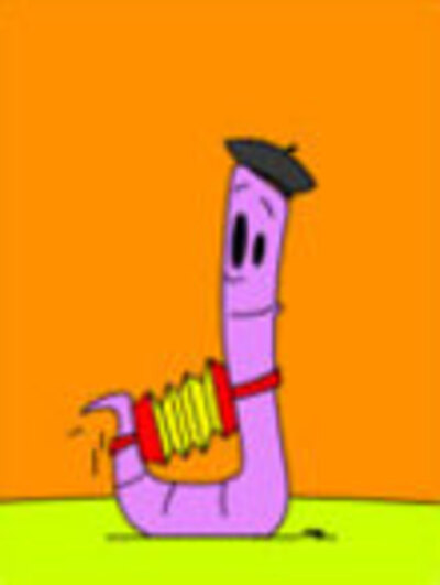 A worm in a beret holding an accordian. One side of the accordian is strapped around his neck, and the other is tied to his tail, and he us using his tail to work the bellows.