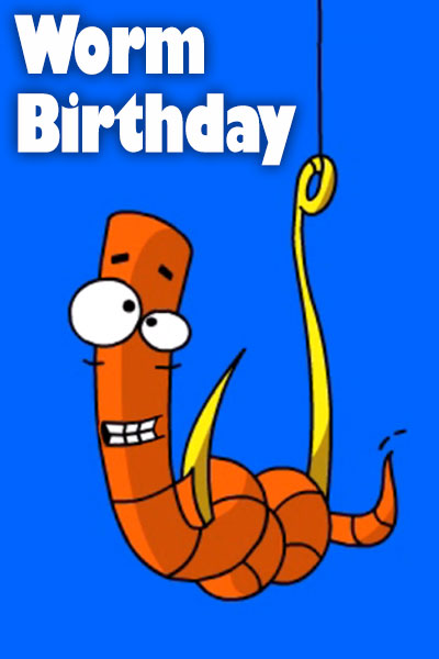 In this silly card for birthday a smiling, cartoon worm is wrapped around a fishhook, and singing a birthday song to some fish. The ecard title Worm Birthday is written above it. 
