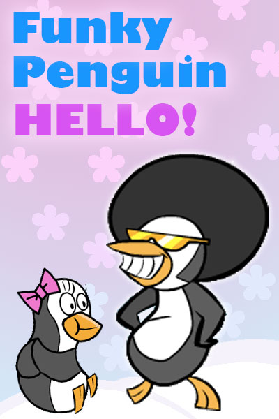 In this silly online ecard , a penguin with an afro and sunglasses smiles cheerfully at a smaller penguin with a bow on her head.