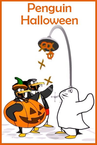 Several penguins dance under a shower head. They are dressed for Halloween: a pumpkin, a vampire, and a ghost.