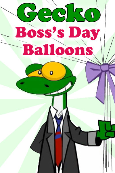 A cheerful gecko in a suit, holds a handful of strings attached to balloons that are floating above him, but out of frame.