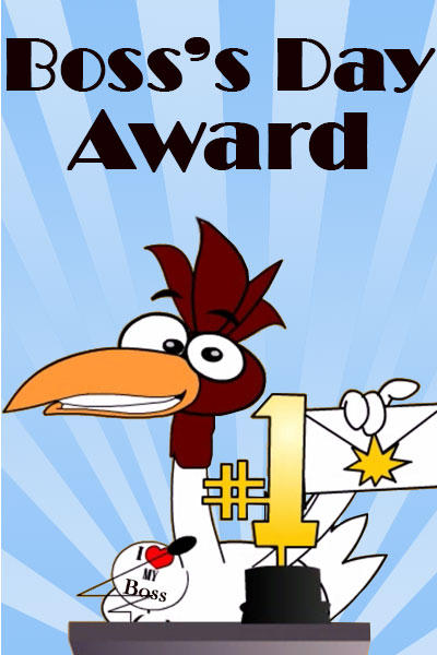 A chicken presents an award at an award show. There is a large #1 trophy on the podium in front of him.