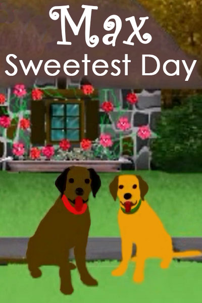 Two Labrador retrieves sit outside of a quaint little cottage. Pretty pink flowers bloom in the background.