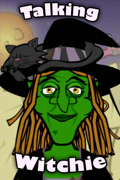 A witch smiles at the viewer. She has green skin, and a black cat sleeps on the brim of her pointy hat.