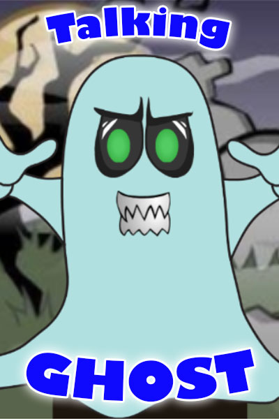 A spooky ghost makes a scary snarling face at the viewer.