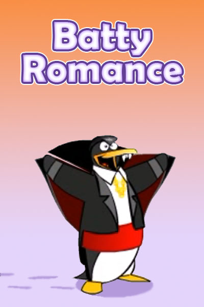 A penguin dressed as Dracula, in a suit jacket, and long cloak. His mouth is open, and he's brandishing his fangs.
