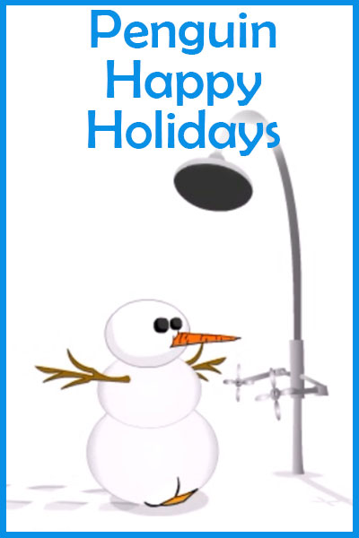 A penguin standing in a shower. You can’t see the penguin, because he’s inside a snowman, which will melt once the water is turned on. Penguin Happy Holidays is written at the top of the thumbnail.