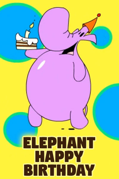 The preview image for this silly birthday ecard is an elephant in a party hat is holding a cake.