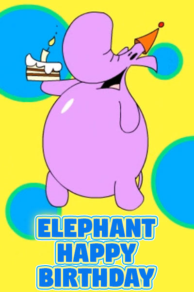 The preview image for this silly birthday ecard is an elephant in a party hat is holding a cake.