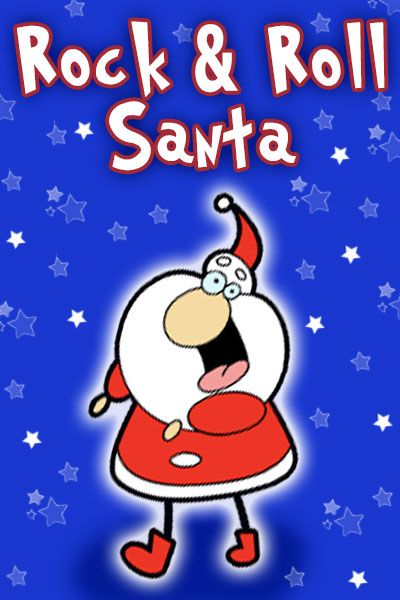 A cartoon Santa is singing a rock and roll Christmas song. 