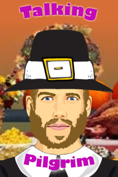 A pilgrim looks at the viewer. There is a Thanksgiving feast in the background.
