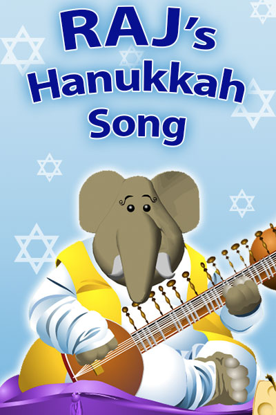 An elephant in yellow and white robes strums the sitar in his lap.