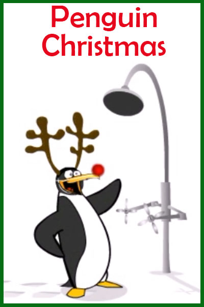 A cartoon penguin in the shower is dressed as a reindeer with antlers and a red nose. Penguin Christmas is written above it. 