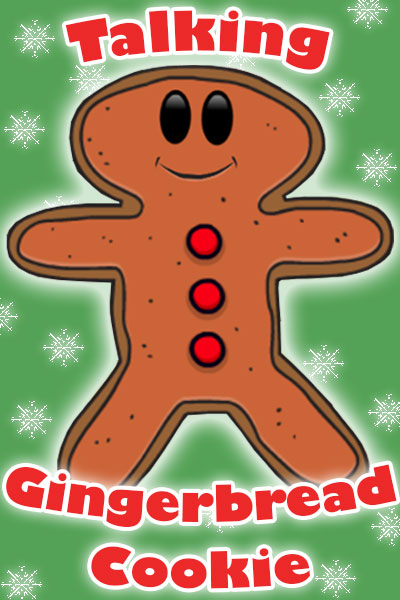 A cartoon gingerbread cookie in front of a Christmas tree.
