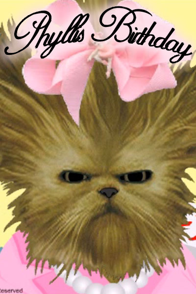 A fluffy, dog-like critter, with a pink bow in her hair. The ecard title Phyllis Birthday is written above her. 
