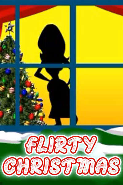 We’re looking through a window into a house, where we can see a Christmas tree, and the silhouette of a woman who is posing seductively beside it.