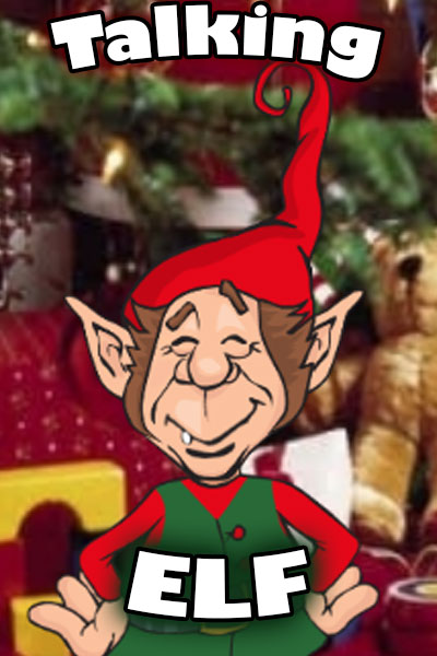 A smiling, cartoon elf, dressed in red and green.