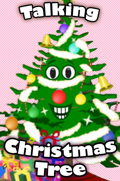 A cartoon Christmas tree decorated with ornaments, garlands and bells. The tree has a smiling face, and lots of presents underneath it. Talking Christmas Tree is written in the foreground.