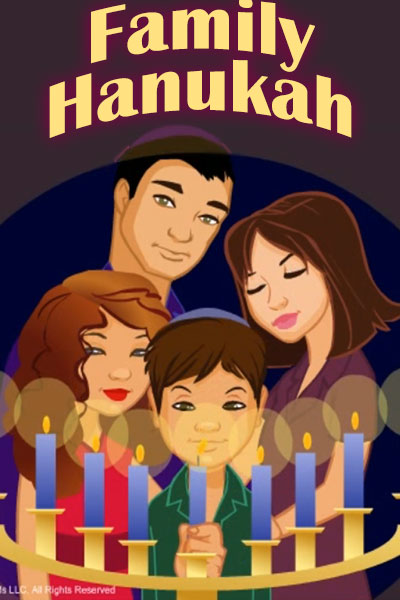 A family of four gather around a menorah.