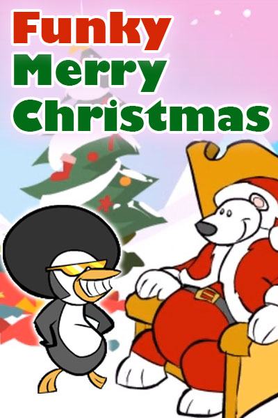 A penguin with an afro, gold sunglasses and a scarf.