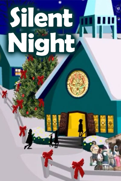 An illustration of a rural church, with snow on the ground, and Christmas bows on the fence in front of the church. A Christmas tree is on one side of the church, and a manger scene is on the other side. The words Silent Night are in the upper corner.