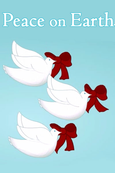 Three illustrated white doves are holding red bows in their mouths. Peace on Earth is written above them.