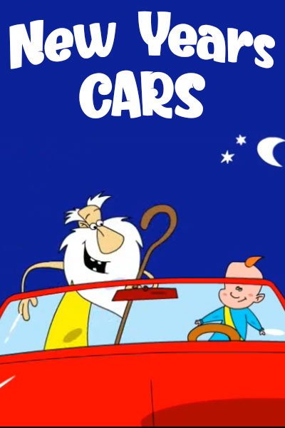 A red sports car with Baby New Year behind the wheel, and Father Time in the passenger seat. The baby is giving Father Time a ride after the old man’s jalopy broke down. New Years Cars is written above the duo.