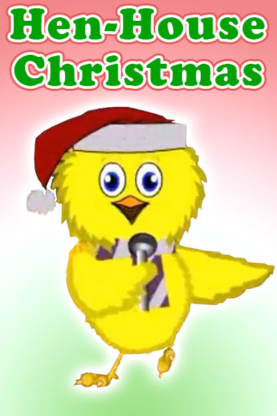 A fluffy yellow chick is wearing a Santa hat, and holding a microphone, in preparation to sing a Christmas song in a hen house.