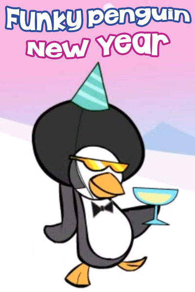 A penguin with an afro is wearing a party hat, and holding a glass of champagne. Funky Penguin New Year is written above him.