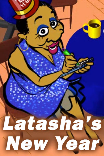 A 30-something black woman sitting at a cafe, wearing a blue sequined dress and party hat, writes her New Year’s resolutions in a notebook. The ecard title Latasha’s New Year is written below her.