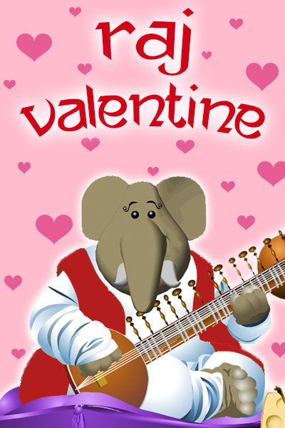 An elephant with a sitar sits on a pillow. There is a heart-filled background behind him.
