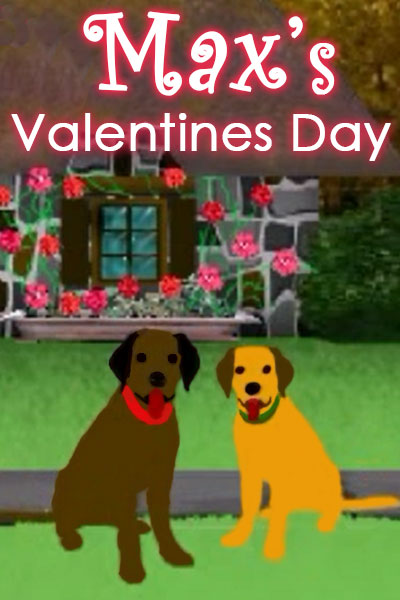 Two Labrador Retrievers sit on the lawn in front of a quaint cottage. There are roses growing on bushes all around them.
