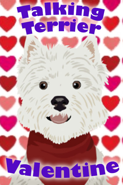 A Westie with a red bandanna. There are hearts in the background.