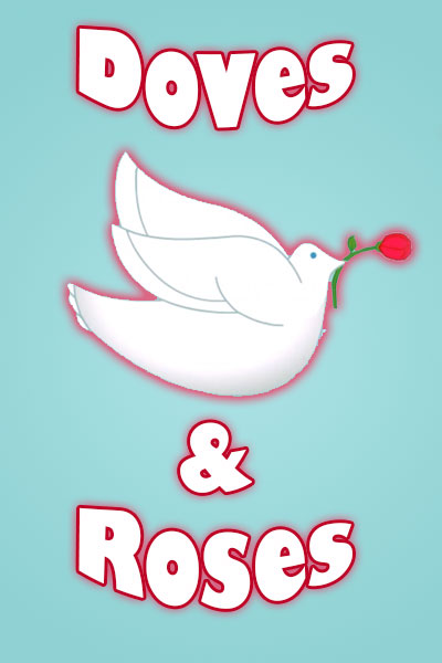 A dove flying through the sky, clutching a single red rose in its beak.