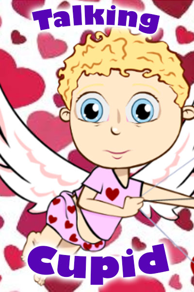 A wide-eyed, angelic cherub, in a pink t-shirt, and pink diaper covered in red hearts. He is looking at the viewer with wide blue eyes, and drawing back the string of his bow.