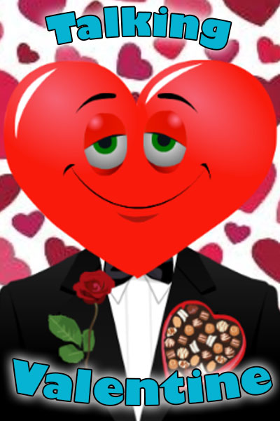 A lovesick-looking heart wearing a tuxedo. There is a single red rose on one lapel, and a heart-shaped box of chocolates on the other.