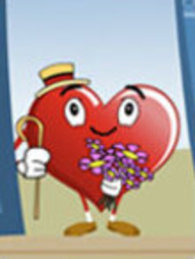 A smiling heart. He is wearing a straw hat, and clutching a cane in one hand, and a bouquet of flowers in the other.