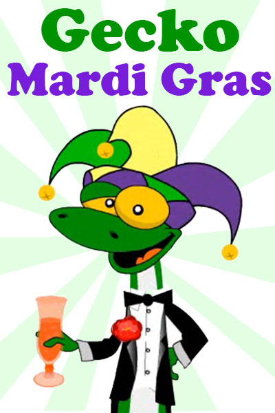 A gecko in a tuxedo wears a green, yellow, and purple jester hat, and holding a cocktail.