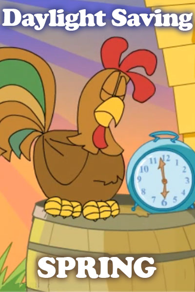 A rooster sleeps peacefully as the sun rises behind him. There is an alarm clock at his side, with the hands pointing to 6 o'clock.