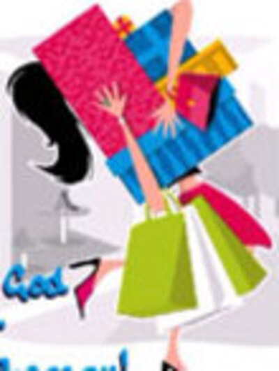 A person with a ponytail, and high heel shoes. After a shopping trip, their arms are piled with colorful boxes, and many bags hang from their arms in the preview image for this funny friendship card.