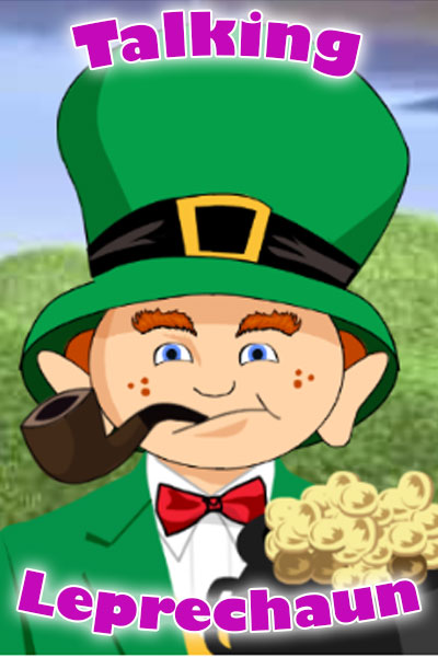 This talking holiday ecard features an animated leprechaun, who is pictured in this preview image. He is smoking a pipe and holding a pile of his hoarded gold.