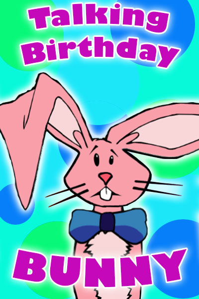 A pink, cartoon bunny wearing a big, blue bow tie.