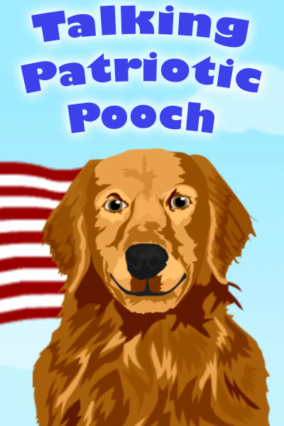 A cute golden retriever looks happily at the viewer. There is an American flag waving behind it.