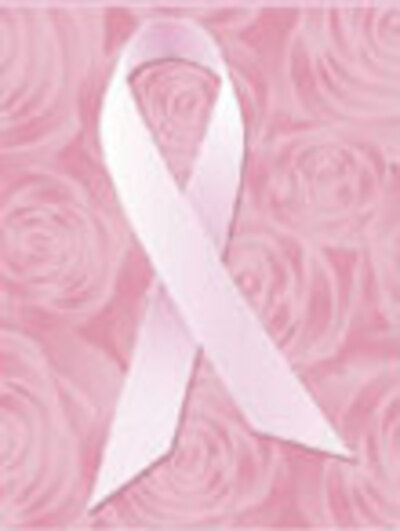 A pink breast cancer awareness bow against a pink background.