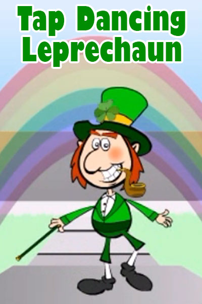 A grinning leprechaun dressed in a green suit, holding a cane, and smoking a pipe.