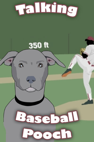 A dog on a baseball field, with the pitcher behind him.