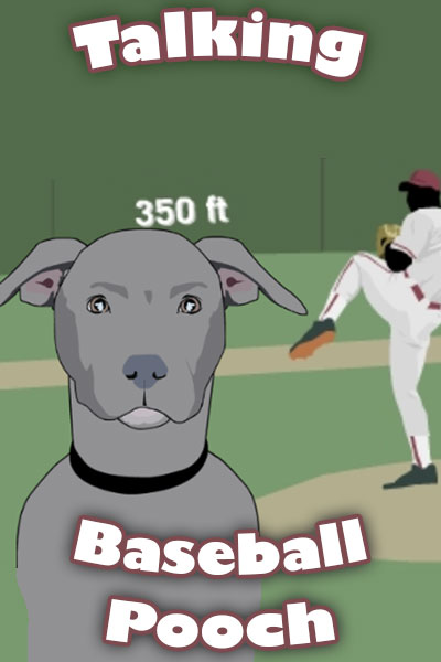 A dog on a baseball field, with the pitcher behind him.
