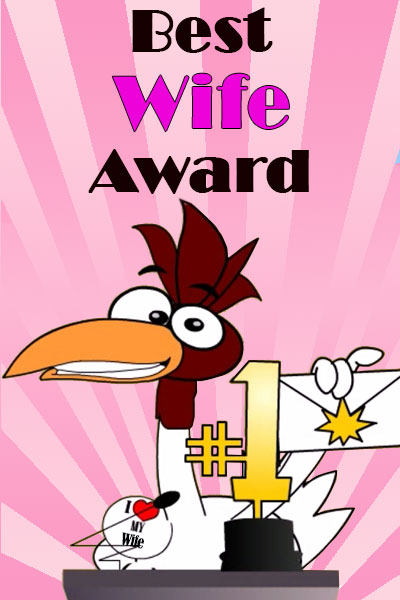 A chicken stands at the podium of an awards show, and there is a #1 trophy in front of him.