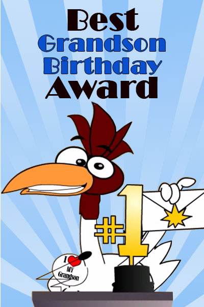 A cartoon chicken stands at the podium of an awards show, holding a sealed envelope, and wearing a pin that says I Heart My Grandson. On the podium in front of the chicken is a #1 trophy. 