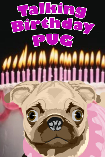A cartoon pug, with a birthday cake, and a line of lit candles in the background.